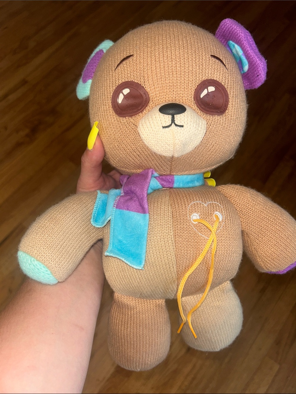 Thready The Bear Interactive Plush- Beige Kids Bear Toy with Blue & Purple Scarf